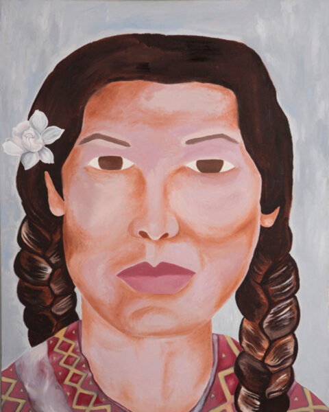 This is an oil portrait of a Tibetan woman with a flower in her hair.