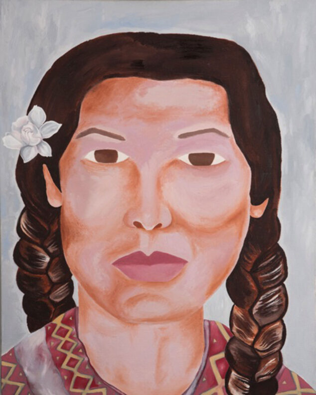 This is an oil portrait of a Tibetan woman with a flower in her hair.