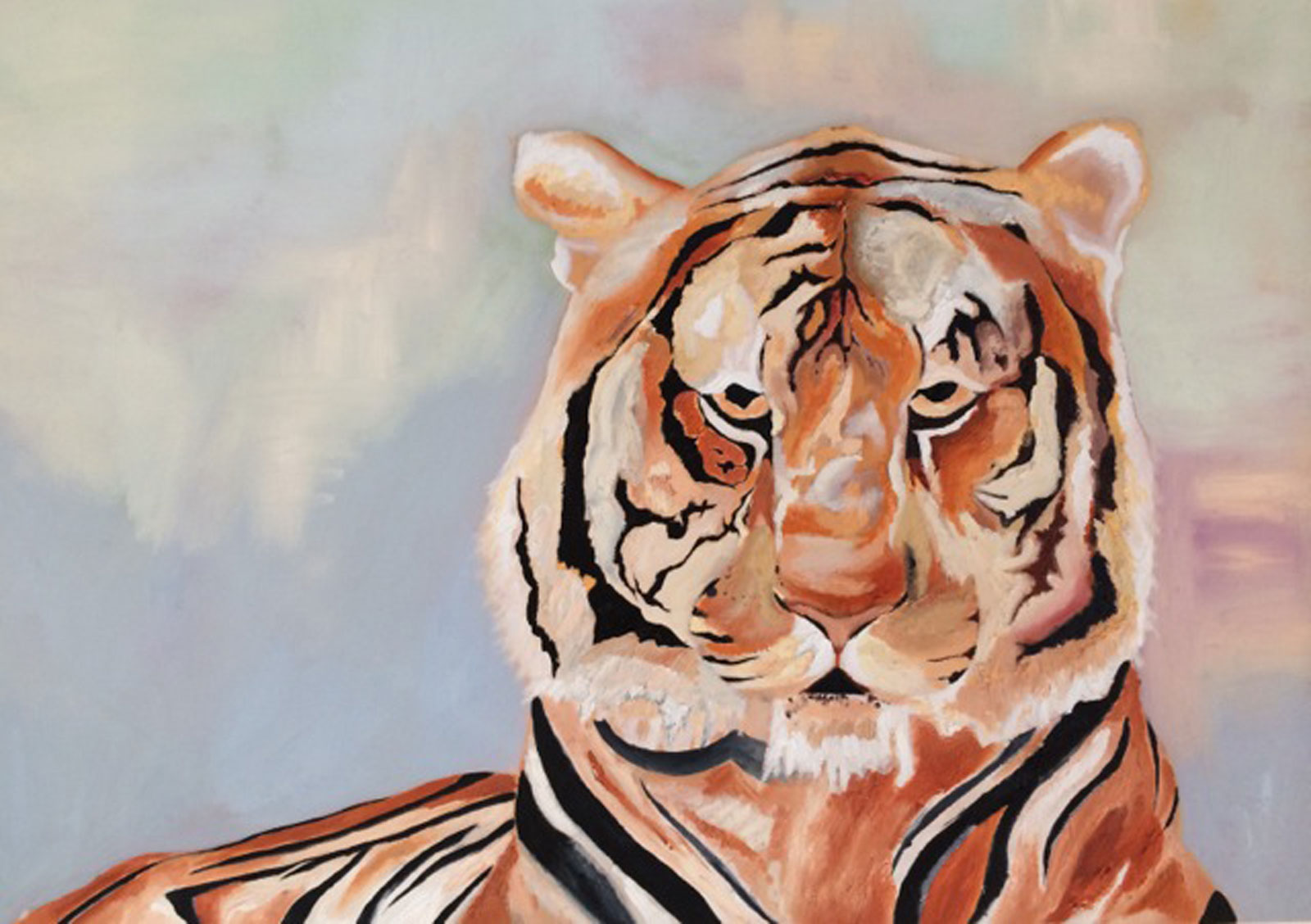 A painting of a tiger set against an artful watercolor sky with soft swirling colors.